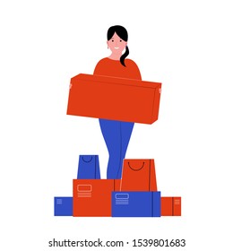 Black Friday. Woman with a purchase in his hands. Girl holds a box in his hands. Black Friday Sale. Vector illustration