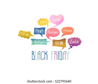 Black friday. Word "Sale" on different languages (English, Spanish, German, Chinese, Hebrew, Hindi, Greek, Russian)