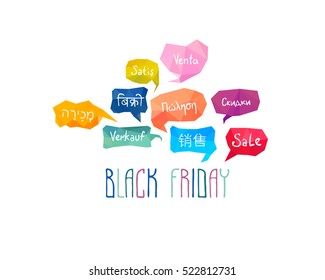 Black friday. Word "Sale" on different languages (English, Spanish, German, Chinese, Hebrew, Hindi, Greek, Russian)