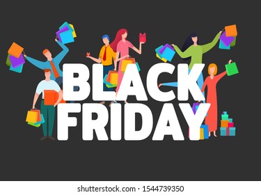 Black friday words with colorful flat people around isolated on black background. Modern vector cartoon concept illustration for advertising, branding, promotion design. 