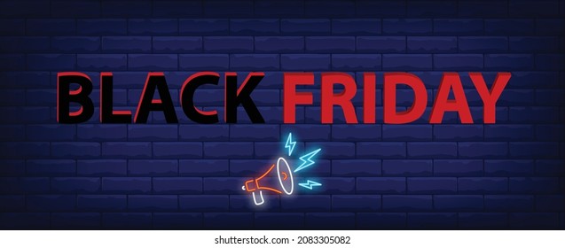 Black friday wow neon text with megaphone. Announcement, promotion, advertising design. Night bright neon sign, Black friday colorful billboard, sales light banner. Vector illustration in neon style.