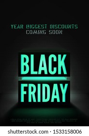 Black friday, year biggest sale vector poster template. Green neon light box with annual discount offer promo. Stylish seasonal clearance advert with text space. Price reduction minimal banner design