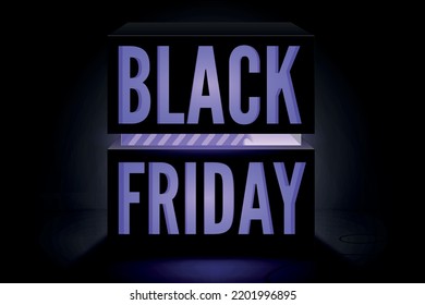 Black friday, year biggest sale vector poster template. Violet neon light box with annual discount offer promo and loading bar. Stylish seasonal clearance advert. Price reduction minimal banner design