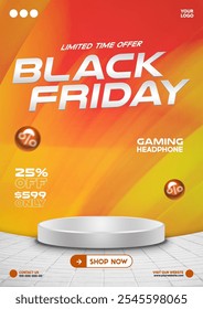 Black Friday yellow orange gradient background banner poster social media discount sale with white circle podium stage