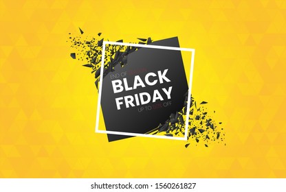 Black friday yellow poster. Sale banner with special offer up to 50. Discount design template. Creative concept for advertising. Bright orange flyer. Vector illustration