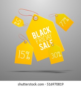 Black friday yellow tag set with healines on pricetag and on gray background with shadows vector illustration