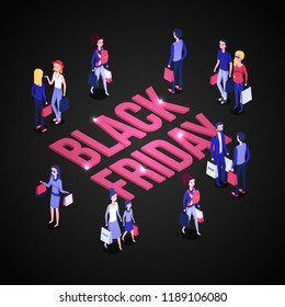 Black Friday,modern isometric people characters with goods and purchases,web online shopping sale concept.Isometrics customers happy talking,discussing,walking with packages and bags