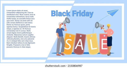 Black Friday.Menschen auf dem Hintergrund eines großen Megaphons und Werbeaufkleber sind in Eile zum Einkaufen.Vektorgrafik.