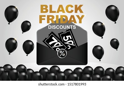 Black Friday's sales background with balloons, envelopes and vouchers discounted prices on white backgrounds. Modern design. Universal Vector Background 