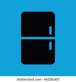 Black fridge vector icon. Blue background