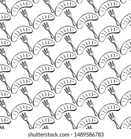 Black fried sausage on fork icon lines isolated seamless pattern on white background. Vector illustration. Hot dog sandwich with mustard line icon. Fast food sign. Logo, label. 