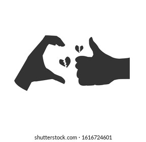 Black Friend zone symbol, thumbs up and half heart sign gestures