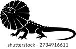 A black frilled lizard vector logo in silhouette, isolated on white. Ideal for Australian wildlife logos, zoo branding, nature decals, and printable vector projects.
