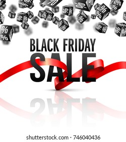 Black Frisday Sale poster for holiday sale event with capital letter "Black friday sale".3d cubes with percents falling from the top.Original festive backdrop.Design template for sale promotion.