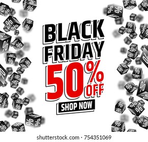 Black Frisday Sale poster for holiday sale event.3d cubes with percent sign falling from the top.Vector illustration EPS10