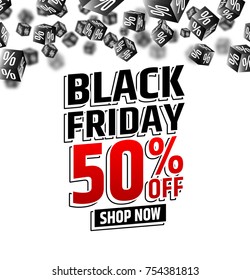 Black Frisday Sale poster for holiday sale event.3d cubes with percent sign falling from the top.Vector illustration EPS10