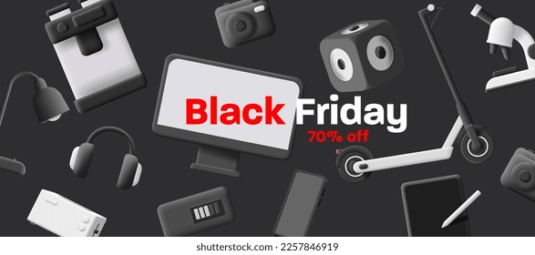 Black Froday sale banner with 3d illustration pattern of different household goods and gadgets