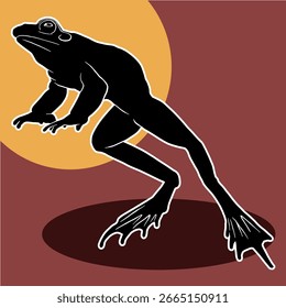 A black frog jumping, outlined in white, with a brownish tint.