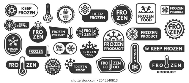 Autocolantes de produtos congelados pretos. Rótulos de carne e peixe monocromáticos com ícones de temperatura, emblemas de embalagem de alimentos congelados. Conjunto isolado do vetor.