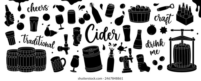 Black fruit cider set. Wooden barrels, cans, glasses, mugs, metal keg, tap. Hand drawn craft fruit beer collection. Cider process production.