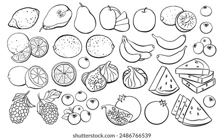 Black Fruit Outline Icon Set Isolated on White Background