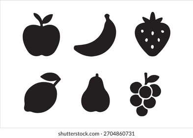 Se muestran siluetas de frutas negras que incluyen manzanas, plátanos, fresas, limones, peras y uvas.