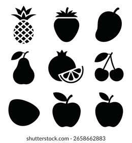 Silhuetas de frutas pretas Abacaxi Morango Manga Peras romã Cerejas Maçã