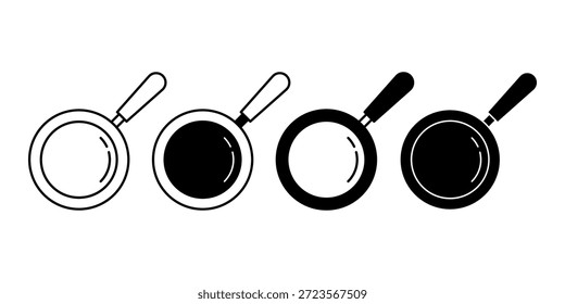 Paquete de icono de sartén negro que representa utensilios de cocina para freír y cocinar comidas. Ideal para contenido de recetas, marcas de cocina y elementos visuales de la industria alimentaria.