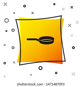 Black Frying pan icon isolated on white background. Fry or roast food symbol. Yellow square button. Vector Illustration