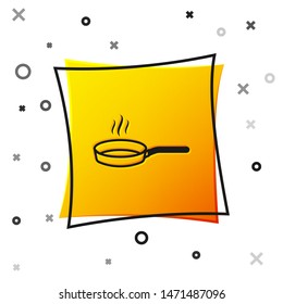 Black Frying pan icon isolated on white background. Fry or roast food symbol. Yellow square button. Vector Illustration