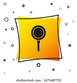 Black Frying pan icon isolated on white background. Fry or roast food symbol. Yellow square button. Vector Illustration