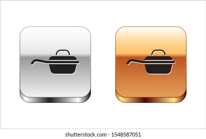 Black Frying pan icon isolated on white background. Fry or roast food symbol. Silver-gold square button. Vector Illustration