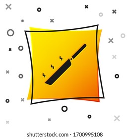 Black Frying pan icon isolated on white background. Fry or roast food symbol. Yellow square button. Vector Illustration