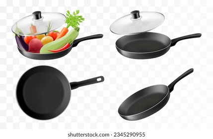 Black Frying Pan Icon Set Isolated on Transparent Background. Empty empty and with different vegetables. Design Template for Mockup. Food Concept. Top and Front or Side View. Vector 3d Realistic