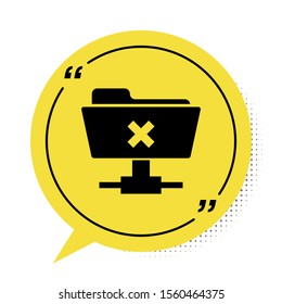 Black FTP cancel operation icon isolated on white background. Software update, transfer protocol, router, teamwork tool management, copy process. Yellow speech bubble symbol. Vector Illustration