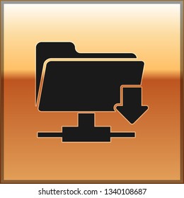 Black FTP folder download icon on gold background. Concept of software update, transfer protocol, router, teamwork tool management, copy process. Vector Illustration
