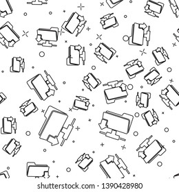 Black FTP folder download icon isolated seamless pattern on white background. Concept of software update, transfer protocol, router, teamwork tool management, copy process. Vector Illustration