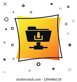 Black FTP folder download icon on white background. Concept of software update, transfer protocol, router, teamwork tool management, copy process. Yellow square button. Vector Illustration