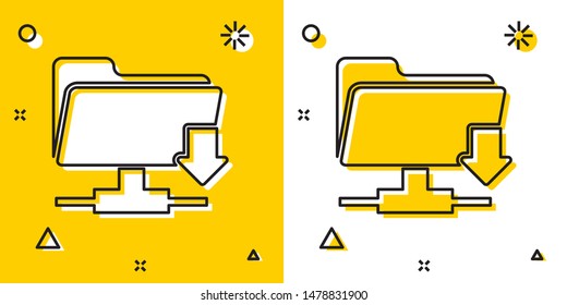 Black FTP folder download icon isolated on yellow and white background. Software update, transfer protocol, router, teamwork tool management, copy process. Random dynamic shapes. Vector Illustration
