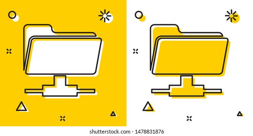 Black FTP folder icon isolated on yellow and white background. Software update, transfer protocol, router, teamwork tool management, copy process, info. Random dynamic shapes. Vector Illustration