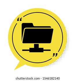 Black FTP folder icon isolated on white background. Software update, transfer protocol, router, teamwork tool management, copy process, info. Yellow speech bubble symbol. Vector Illustration