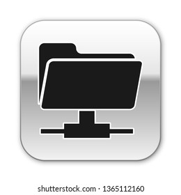 Black FTP folder icon on white background. Concept of software update, ftp transfer protocol, router, teamwork tool management, copy process, info. Silver square button. Vector Illustration