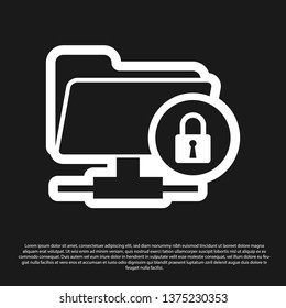 Black FTP folder and lock icon isolated on black background. Concept of software update, ftp transfer protocol. Security, safety, protection concept. Vector Illustration