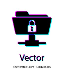 Black FTP folder and lock icon isolated on white background. Concept of software update, ftp transfer protocol. Security, safety, protection concept. Vector Illustration