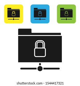 Black FTP folder and lock icon isolated on white background. Concept of software update. Security, safety, protection concept. Set of colorful square icon buttons. Vector Illustration
