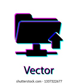 Black FTP folder upload icon on white background. Concept of software update, transfer protocol, router, teamwork tool management, copy process. Vector Illustration