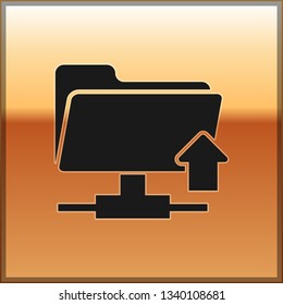Black FTP folder upload icon on gold background. Concept of software update, transfer protocol, router, teamwork tool management, copy process. Vector Illustration