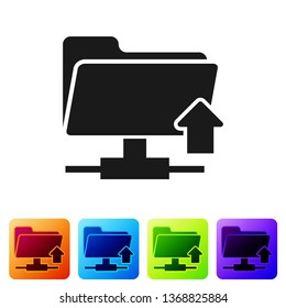 Black FTP folder upload icon on white background. Concept of software update, transfer protocol, router, teamwork tool management, copy process. Set icon in color square buttons. Vector Illustration
