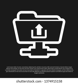 Black FTP folder upload icon on black background. Concept of software update, transfer protocol, router, teamwork tool management, copy process. Vector Illustration