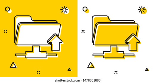 Black FTP folder upload icon isolated on yellow and white background. Software update, transfer protocol, router, teamwork tool management, copy process. Random dynamic shapes. Vector Illustration